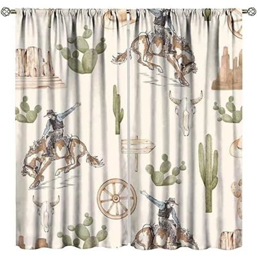 West Cowboy Curtains,Vintage Wild West Cowboy Desert Cactus Pattern Blackout Window Rod Pocket Drapes for Bedroom Living Room Kitchen 52x84 Inch