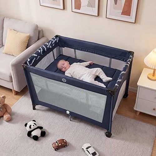 Babilous Pack and Play Baby Bassinet with Wheels, Blue