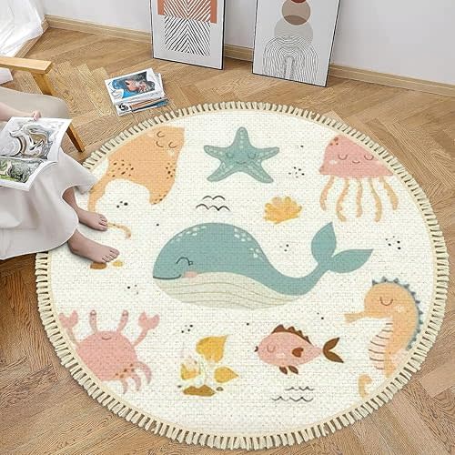 4' Round Tassels Carpet Cute Baby sea Fishes Crab Stingray Cartoon Underwater Animals Boho Circle Area Rugs for Playroom Nursery Living Room Kids Bedroom Indoor Outdoor Home Decor