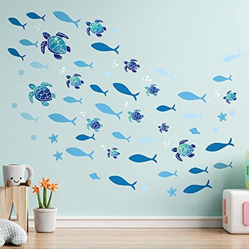 2 Sets Vinyl Sea Turtles Wall Stickers Ocean Wall Decals Ocean Bubbles Stickers DIY Under The Sea Party Decorations for Bathroom Toilet Bedroom Nursery Room Children Room Living Room