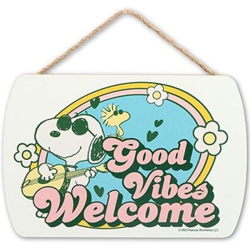 Peanuts Snoopy Good Vibes Welcome Hanging Wood Wall Decor - Fun Snoopy Sign for Home, School or Office
