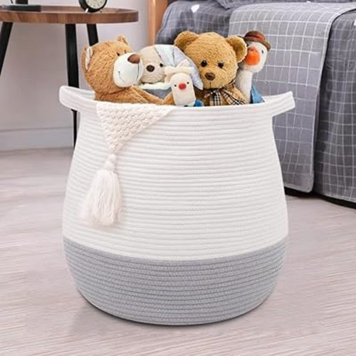 Large Cotton Rope Basket, Woven Storage Basket for Toy, Laundry and Blanket Organizer Basket, Round Hamper Basket with Handles for Kid's Room 17.7"x16.9"