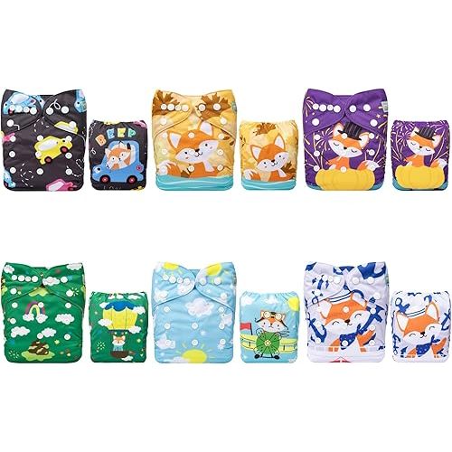 ALVABABY Baby Cloth Diapers 6 Pack with 12 Inserts One Size Adjustable Washable Reusable for Baby Girls and Boys 6DM97