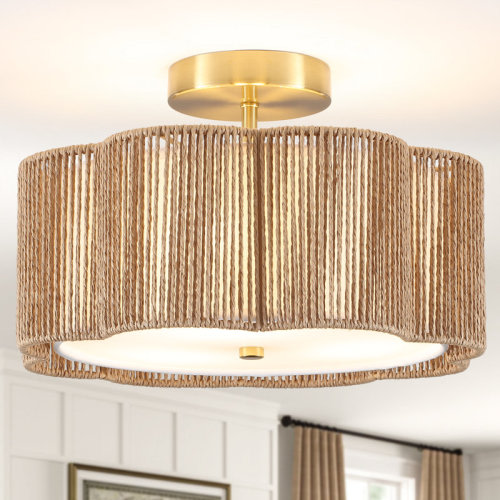 East Urban Home 3-Light 12.6" Boho Rattan Semi Flush Mount Ceiling Light, Modern Hand-Woven Light Fixture For Bedroom Nursery Kitchen Hallway And Entryway(Brown) & Reviews | Wayfair