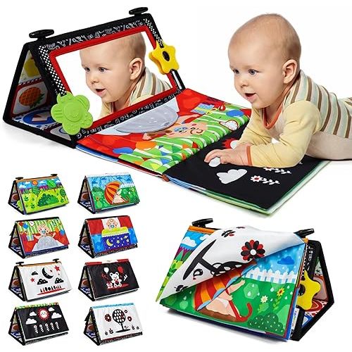 Dr.Rapeti Tummy Time Floor Mirror for Baby Infant Toddler Kids Black and White High Contrast Baby Toy with Crinkle Cloth Book Teethers Floor Activity Toy Washable Non-Toxic
