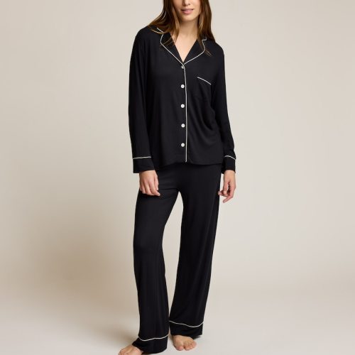Piped Pajama Pant Set, Black