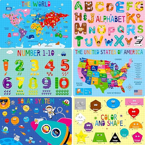 6 Pack Placemats for Kids, Non-Slip Washable, Reusable Alphabet, Number, Shape & Color, Universe, Map Themed Educational Placemats for Home, Kindergarten, Classroom, Nursery