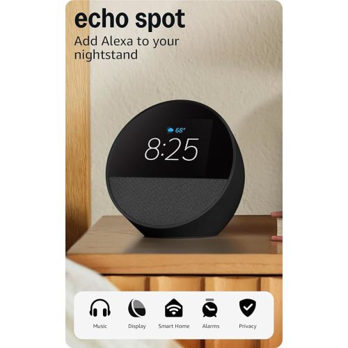 Amazon Echo Spot (newest model), Great for nightstands, offices and kitchens, Smart alarm clock, Designed for Alexa+, Black