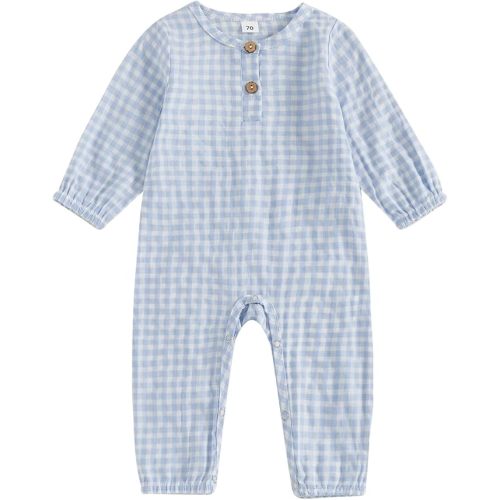 Baby Boy Girl Gingham Jumpsuit Long Sleeve Plaid Romper Button Playsuit Unisex Fall Casual One Piece Outfit