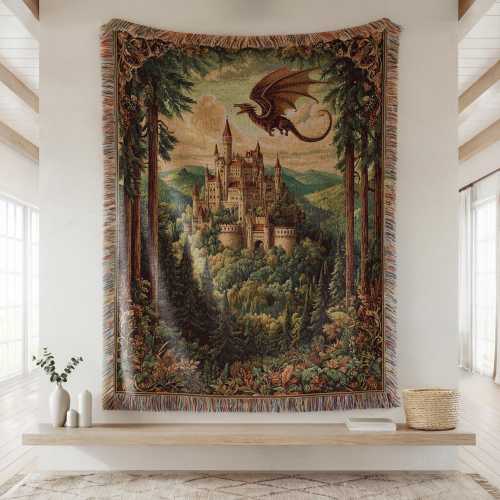Medieval Castle and Dragon Woven Blanket - Fairycore Throw, Vintage-Inspired Home Decor