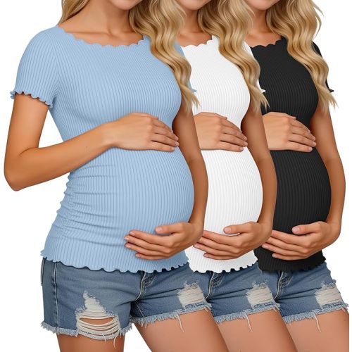 3 Pack Women's Maternity Shirts Pregnancy Cotton Ribbed Tops Women Short Sleeve Side Ruched Boat Neck Clothes