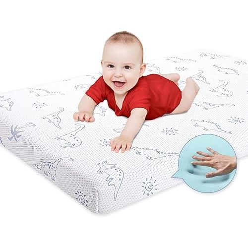 Mochen Pack and Play Mattress, 38"x26" Dual-Sided Breathable Memory Foam Pack n Play Mattresses Pad, Thick Baby Mattress for Pack N Play with Ultra-Soft Dinosaurs Cover, Portable & Removable