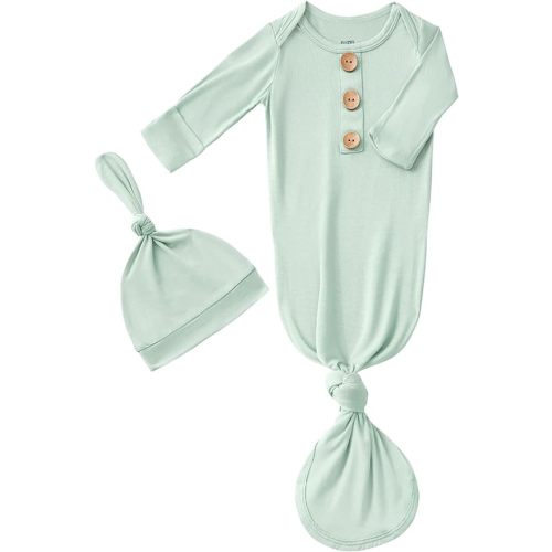 Newborn Baby Boys Girls Knotted Gown Hat Set Soft Bamboo Viscose Infant Sleeper Baby Sleep Gown with Mittens