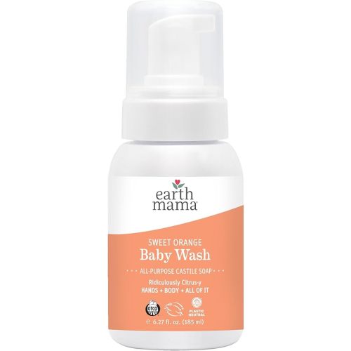 Earth Mama Baby Liquid Wash Foaming Hand Soap, Organic All Purpose Body Wash for Sensitive Skin, Castile Soap with Coconut Oil, Shea Butter, Calendula, & Aloe, Sweet Orange, 6.27 Fl Oz (Pack of 1)