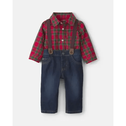 Baby Boy 2-Piece Plaid Denim Long-Sleeve Bodysuit & Suspender Pant Set - Red/Indigo | Carter's