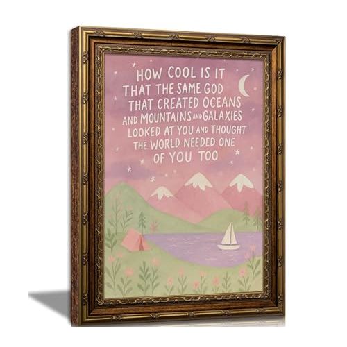 Gold Framed Christian Inspirational Quote Wall Art, God Scripture Nursery Canvas Print, Pink Boho Mountain Wall Decor Picture, Same God Creation Artwork for Baby Girl Room Bedroom Dorm 9x11In