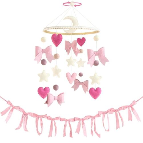 Pink Bow Baby Crib Mobile with Pink Ribbon Bow Garland Banner Handmade Coquette Birthday Party Decorations Bow Nursery Decor Girls Bedroom Hanging Mobile for Baby Shower Newborn Gifts