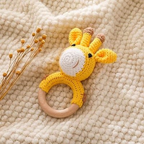 Wooden Baby Rattle,Crochet Giraffe Rattle with Wood Ring, Newborn Wooden Animal Rattle Toy,Infant Giraffe Wood Rattle Toys