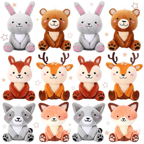 Suilung 12 Pcs Mini Woodland Stuffed Animals Bulk 4'' Woodland Cute Animal Plush Toys Bear Rabbit Raccoon Fox Deer for Valentine Wedding Birthday Gifts Classroom Prizes Exchange Gifts