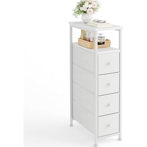 CAIYUN Narrow Dresser with 4 Fabric Drawers for Bedroom, Slim Nightstand, Small Spaces Dressers Chest of Drawers, Side Table End Table Tall Skinny Cabinet Night Stand for Bathroom, Closet White