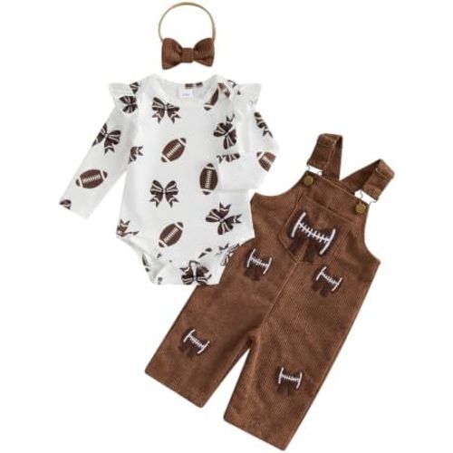 Baby Girl Fall Outfit Football Romper Suspender Overalls Pant Set