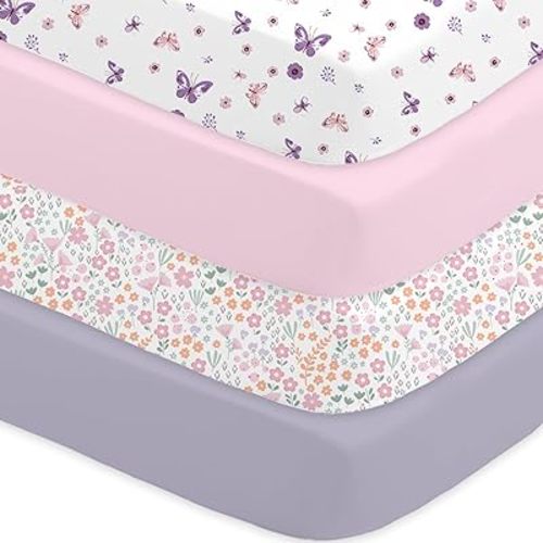 Little Grape Land Crib Sheets for Girls, 4-Pack Soft Microfiber Fitted Baby Sheets for Standard Crib and Toddler Mattress 28x52x8 Inch – Breathable & Secure (Butterfly, Floral, Pink, Purple)