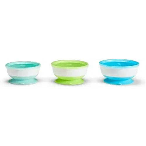 Munchkin Stay Put Suction Baby Bowls with Lids - Dishes for Babies and Toddlers, Self-Feeding Bowl Set for Kids 6+ Months, 3 Pack, Blue/Green