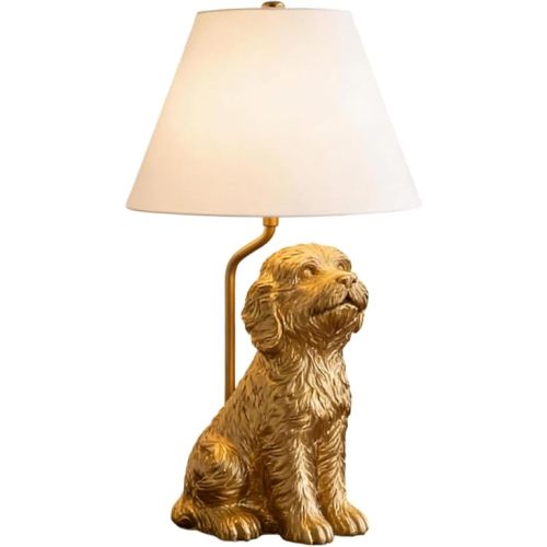 Golden Doodle-Dog Resin Table Lamp, Cute Bedside Lamp with White Shade, Unique Puppy Aesthetic Desk Lamps, for Home Bedroom Nightstand Living Room Table Decor