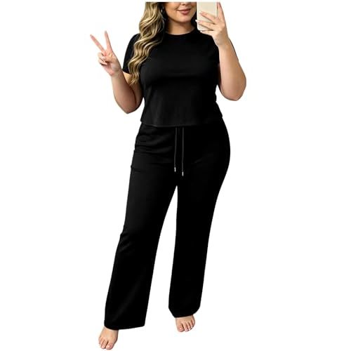 Casual Plus Size Women 2 Piece Sets Short Sleeve Flattering Top Flare Pants | Comfortable, has pockets, short top, Flare Pants Summer Tracksuit Stretchy enough for Lounging or Casual Wear