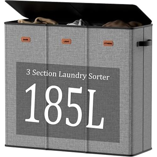 185L Laundry Hamper 3 Section with Lid, Grey Hamper 3 Compartment with 3 Removable Laundry Bags, Large Laundry Basket for Bedroom, Laundry Room, Dorm