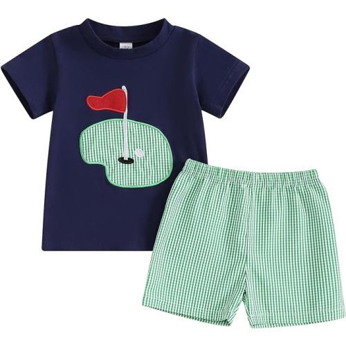 Baby Boy Girl Summer Clothes Golf Embroidery T Shirt Gingham Plaid Shorts Set 2Pcs Sports Outfit