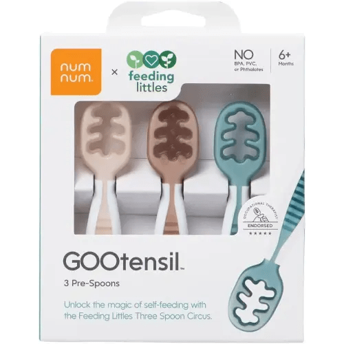 NumNum Baby Spoons Set, Feeding Littles x Silicone Pre-Spoon GOOtensils for Kids Aged 6+ Months - First Stage, Baby Led Weaning (BLW), Teething Spoon - Toddler Utensils - 3 Spoons, Neutrals