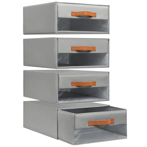 DIMJ Closet Organizers and Storage - Fabric Bins with Drawers for Closet Foldable Clothes Organizers with Clear Window, Stackable Storage Drawers Units for Bedroom, Living Room, 4-Pack, Grey