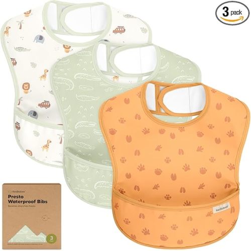 KeaBabies 3-Pack Waterproof Baby Bibs for Eating - Lightweight Toddler Feeding Bibs with Large Food Catcher, Mess Proof, Food-Grade Baby Eating Essentials, Easy to Put On & Clean (Wilderness)