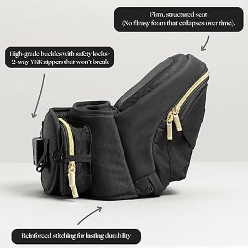 Tushbaby Original Hip Seat Baby Carrier for Babies & Toddlers up to 45 lbs, Safety Certified, Lightweight No-Foam Design with Storage, Black & Gold