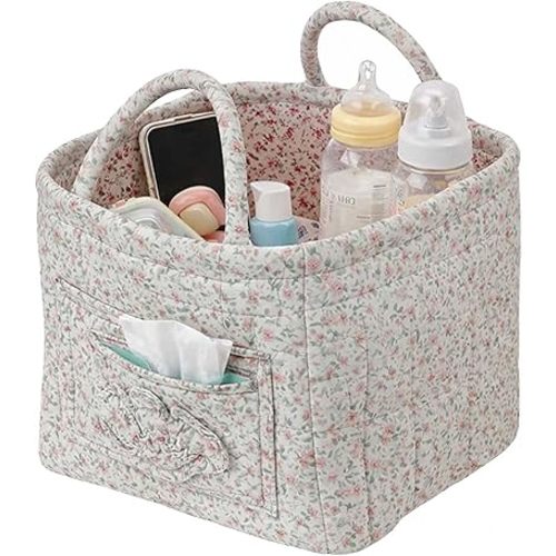 Boho-Chic Quilted Floral Storage Basket,Quilted Car Storage Basket With Handles, 12.6'' x 10.23'' x 9.84'' Large Capacity Floral Foldable Fabric Storage Basket for Car,Clothes,Toys,Picnic (B)