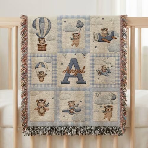 Personalized Baby Boy Woven Throw Blanket | Custom Name & Initial | Teddy Bear Aviator | Baby Shower Gift | Nursery Decor Fringe Blanket