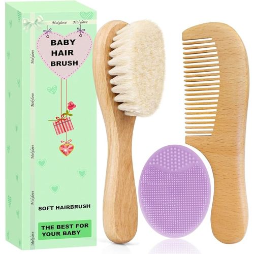 Molylove Baby Hair Brush and Comb Set for Newborns & Toddlers | Wooden Baby Brush Set with Soft Goat Bristles l Wood Comb l Purple Cradle Cap Brush| Ideal for Cradle Cap (3 Piece)