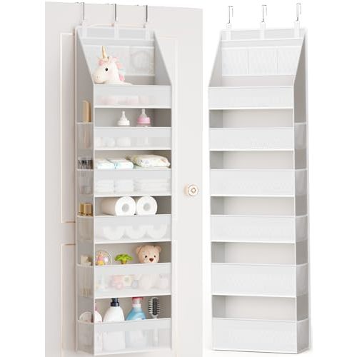 Criusia Over the Door Organizer, Heavy-Duty 6-Shelf Hanging Storage with 13 Mesh Pockets, 55lbs Capacity Behind the Door Storage for Nursery, Bathroom, Bedroom, and Dorm, White