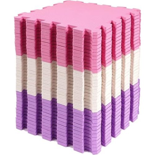 BalanceFrom 36-Pack 12x12 Inches EVA Interlocking Foam Play Tile Mat, Pink/Purple/Beige – 0.4-Inch Thick Non-Slip Puzzle Flooring for 36 Square Feet in Playroom, Nursery, or Playpen at Home