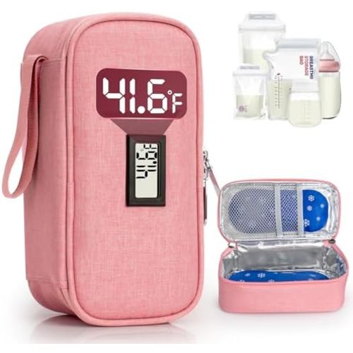 Breast Milk Cooler Travel Bag, Real-Time Temperature Display, Holds 4-6 Breastmilk Storage Bag with 2 Breast Milk Ice Pack, Cooling & Waterproof Portable Cooler for Moms on the Go(Pink)