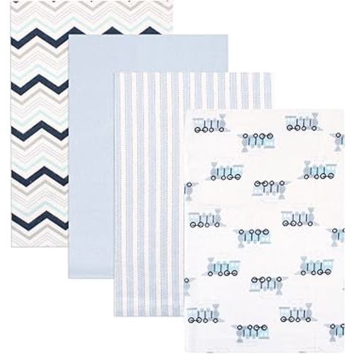 Luvable Friends Unisex Baby Cotton Flannel Receiving Blankets, Train 4-Pack, One Size