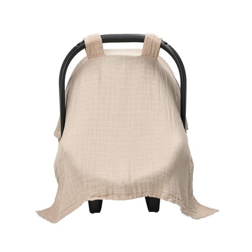 Meracorallo Muslin Baby Car Seat Cover, Lightweight Breathable Soft Infant Carrier Cover Carseat Canopy for Baby Boys and Girls, Beige