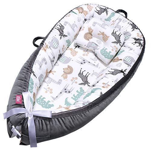 EIH Baby Lounger, Baby Nest Portable Baby Bassinet Ultra Soft Breathable Newborn Lounger with Pillow Adjustable for Crib & Bassinet Mattress Perfect for Co-Sleeping Traveling and Shower Gift (Animal)