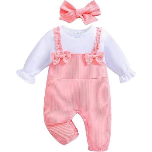 QITUDATEY Newborn Baby Girl Clothes Infant Outfits with Bows Tie Romper Long Sleeve Bodysuit for New born Girls 0-18 Month