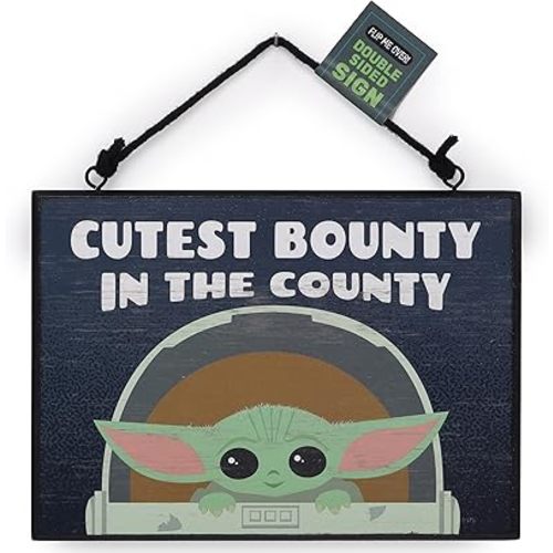 Disney Star Wars: The Mandalorian Double-Sided Wood Hanging Sign - Baby Yoda Nursery Wall Art - Cutest Bounty in the County