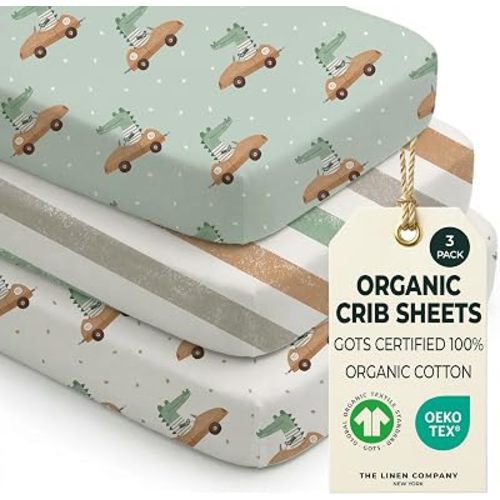 100% Organic Cotton Baby Crib Sheets (3-Pack) – GOTS Certified, Soft Fitted Sheets for Mini Mattress & Pack n Play, 5" Deep Pocket with Secure Elastic Fit, Boys & Girls, 28" x 55" (Croc Race)