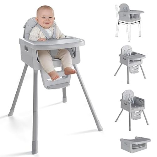 Baby High Chair for 6 Months+, Foldable High Chairs for Babies and Toddlers, Convertible High Chair, Adjustable Tray & Footrest, Portable High Chair & Easy to Clean(Grey with Wood Grain)