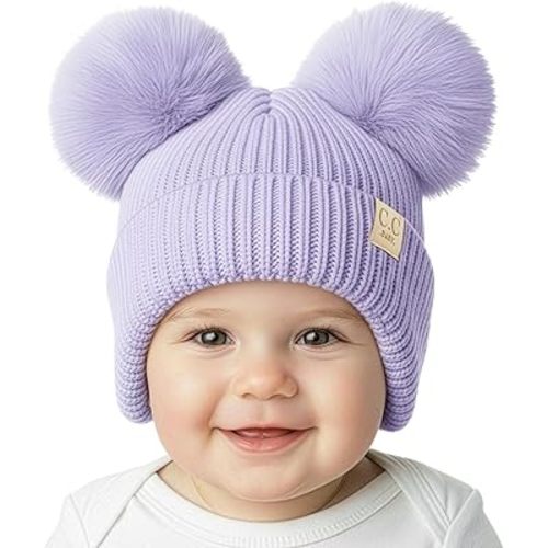 Funky Junque Double Pom Pom Baby Beanie – Newborn Girl Winter Hat 0–12 Months, Cute Cozy Knit Infant Beanies for Cold Weather