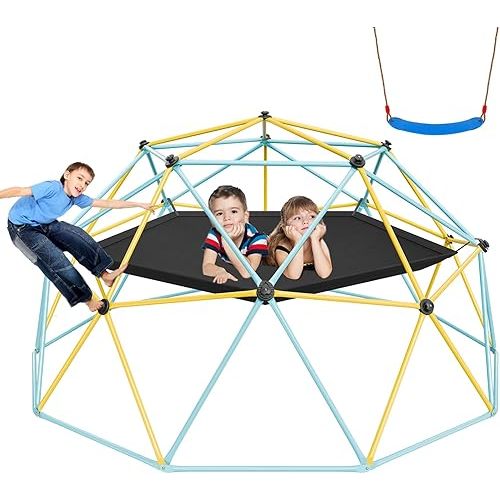 VEVOR Climbing Dome, 10FT Geometric Dome Climber with Hammock and Swing, Jungle Gym Supports 750LBS and Easy Assembly for Kids 3 to 10 Years Old, with Climbing Grip, Outdoor Backyard Play Equipment